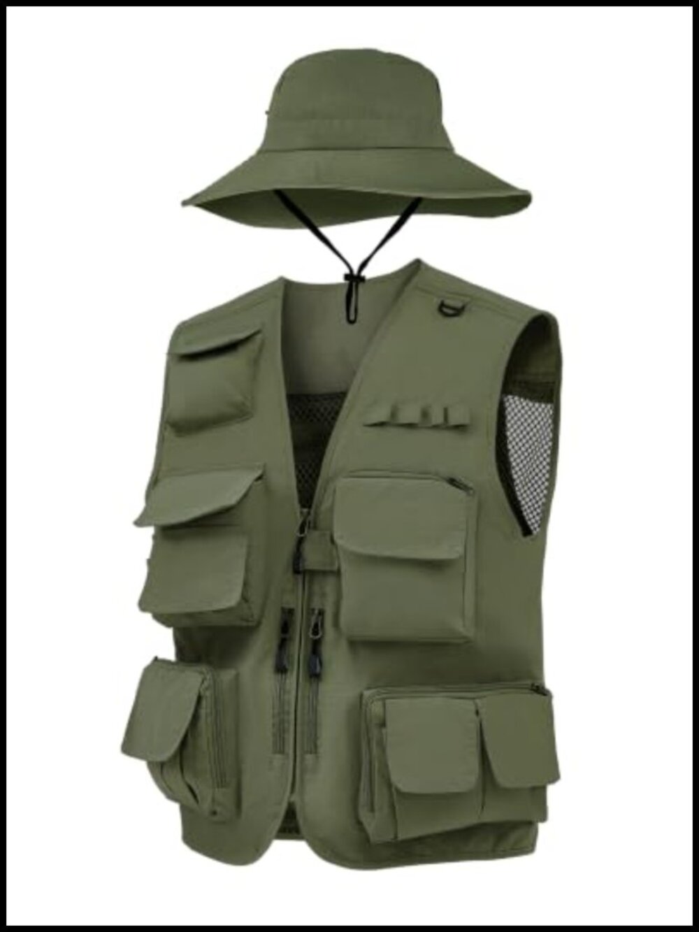 Men's Fishing Vest & Sun Hat Set Multi-Pocket Lightweight Mesh Sleeveless